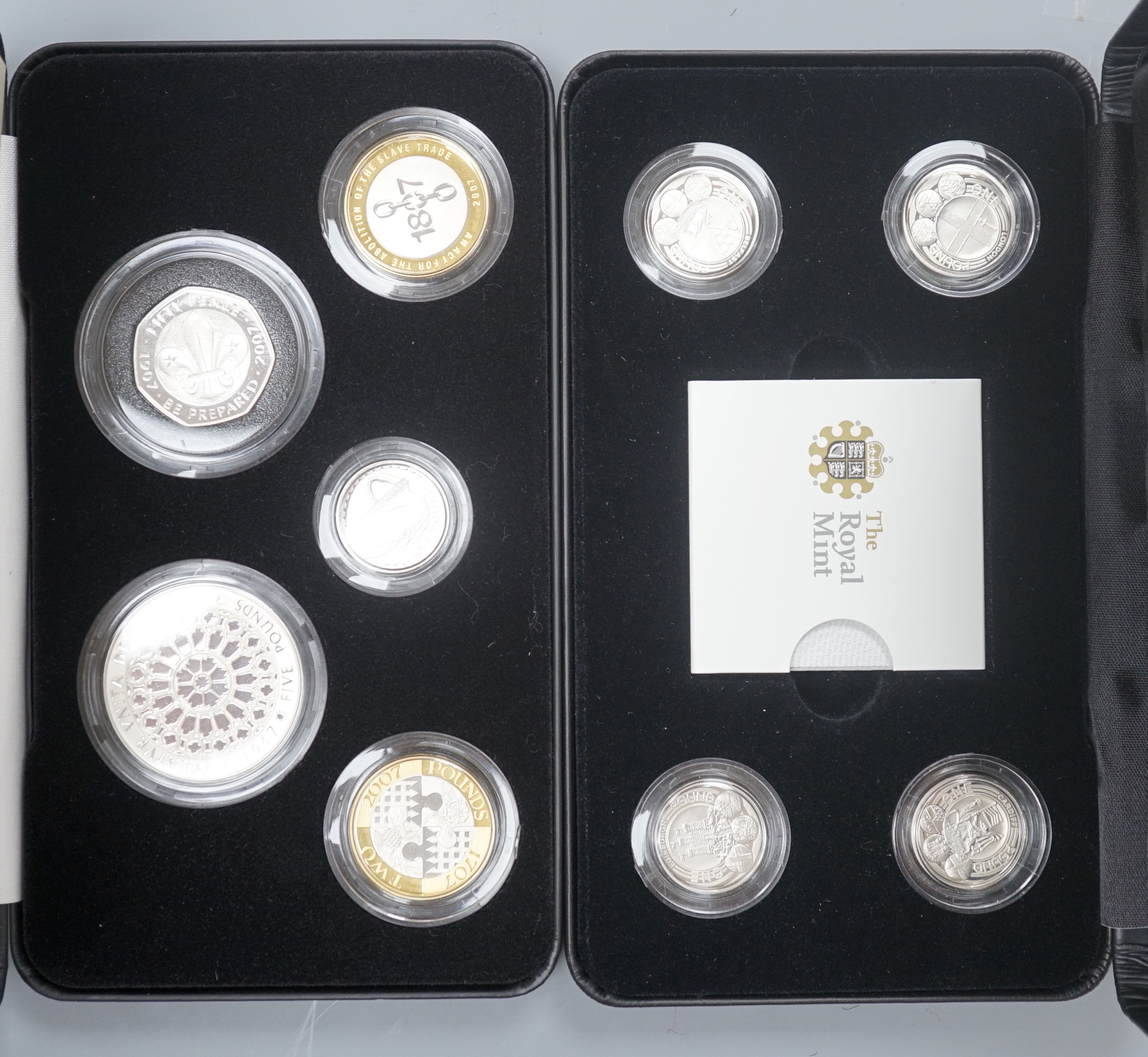 A cased Royal Mint UK Piedfort collection of silver proof coins 2007 and a cased set of four silver proof £1 coins, 2010/11